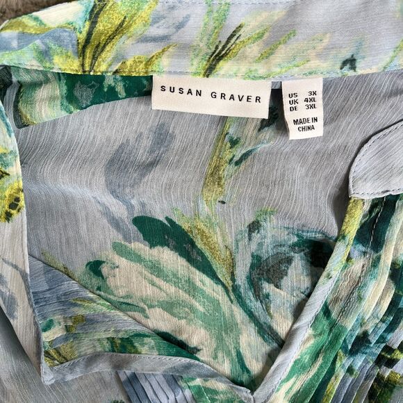 Susan Graver Blouse 3X Blue Green Sheer V Neck Pleated Long Sleeve QVC Flowy - Picture 8 of 14